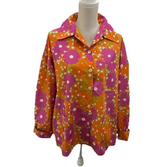 BALOU Organic Shirt Marie Sz S Small Orange Purple Floral Button Front - Picture 2 of 9